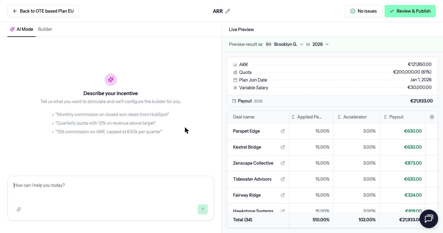 Compensation Builder in AI Mode, with Describe your incentive and Live Preview