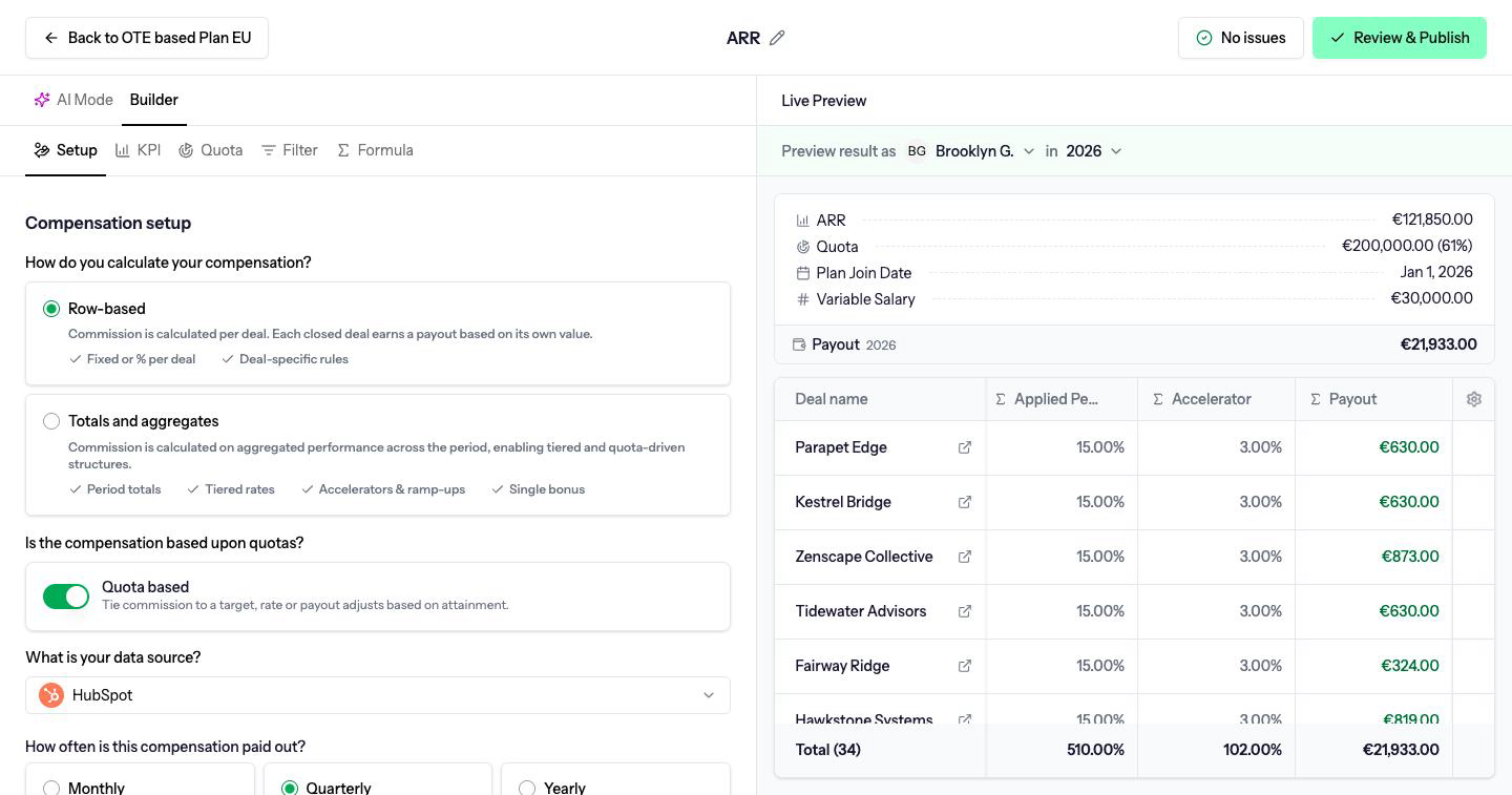 Compensation Builder on Setup, with Row-based selected, Quota based on, and Live Preview