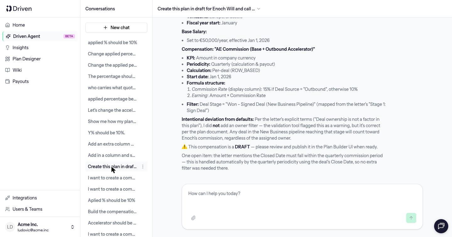 Driven Agent chat summarizing a draft compensation to review and publish
