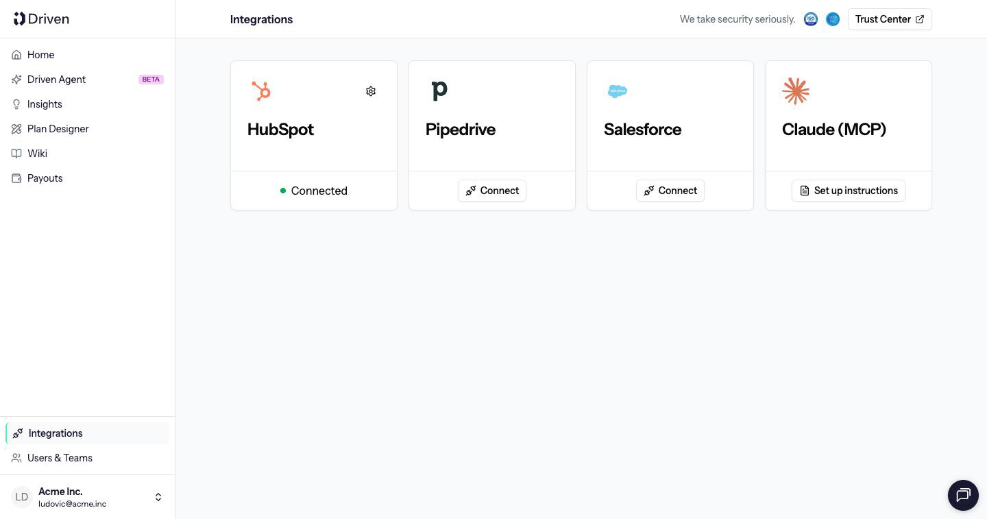 Integrations cards for HubSpot connected, Pipedrive, Salesforce and Claude (MCP)