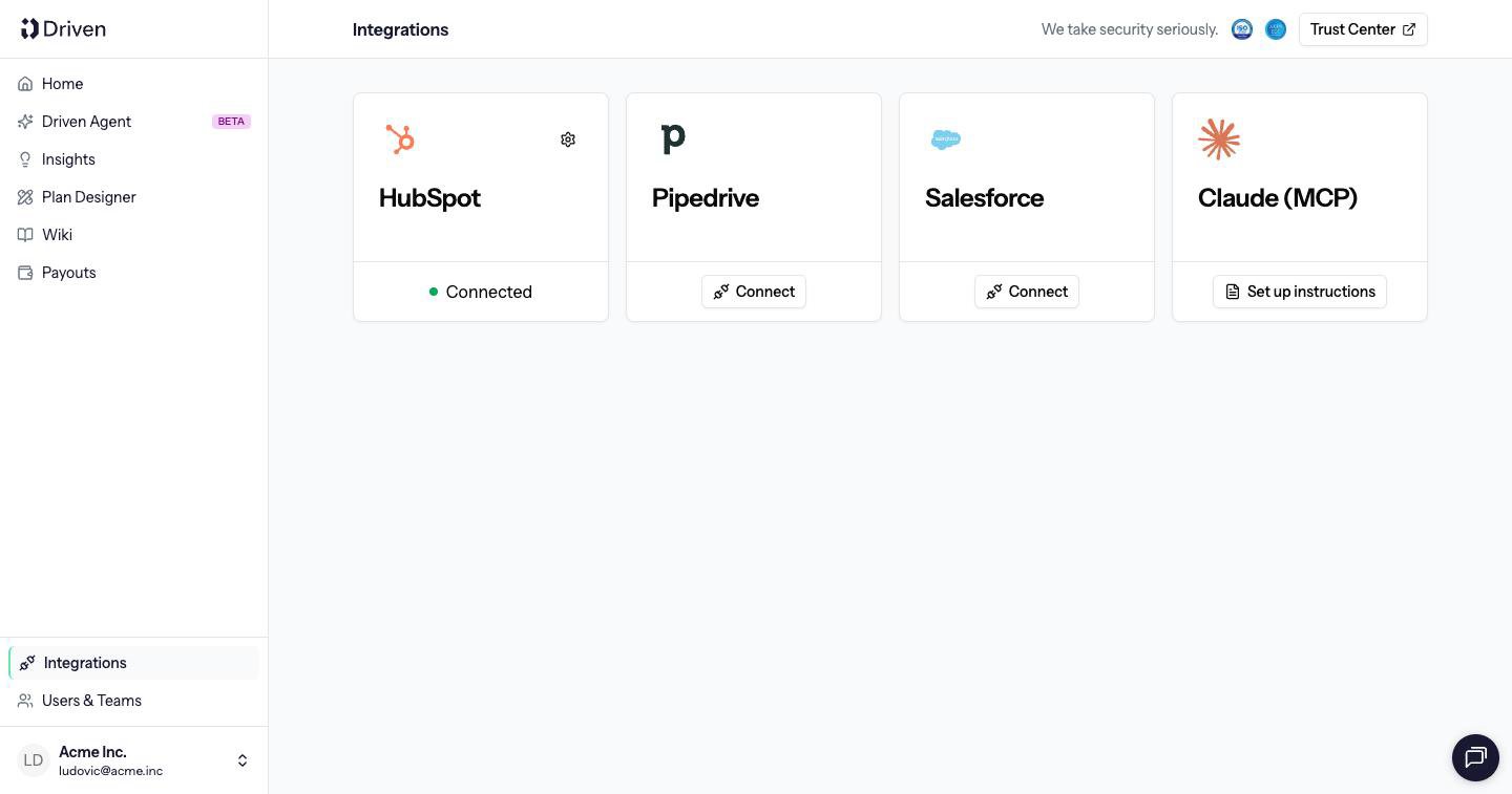 Integrations cards for HubSpot connected, Pipedrive, Salesforce and Claude (MCP)