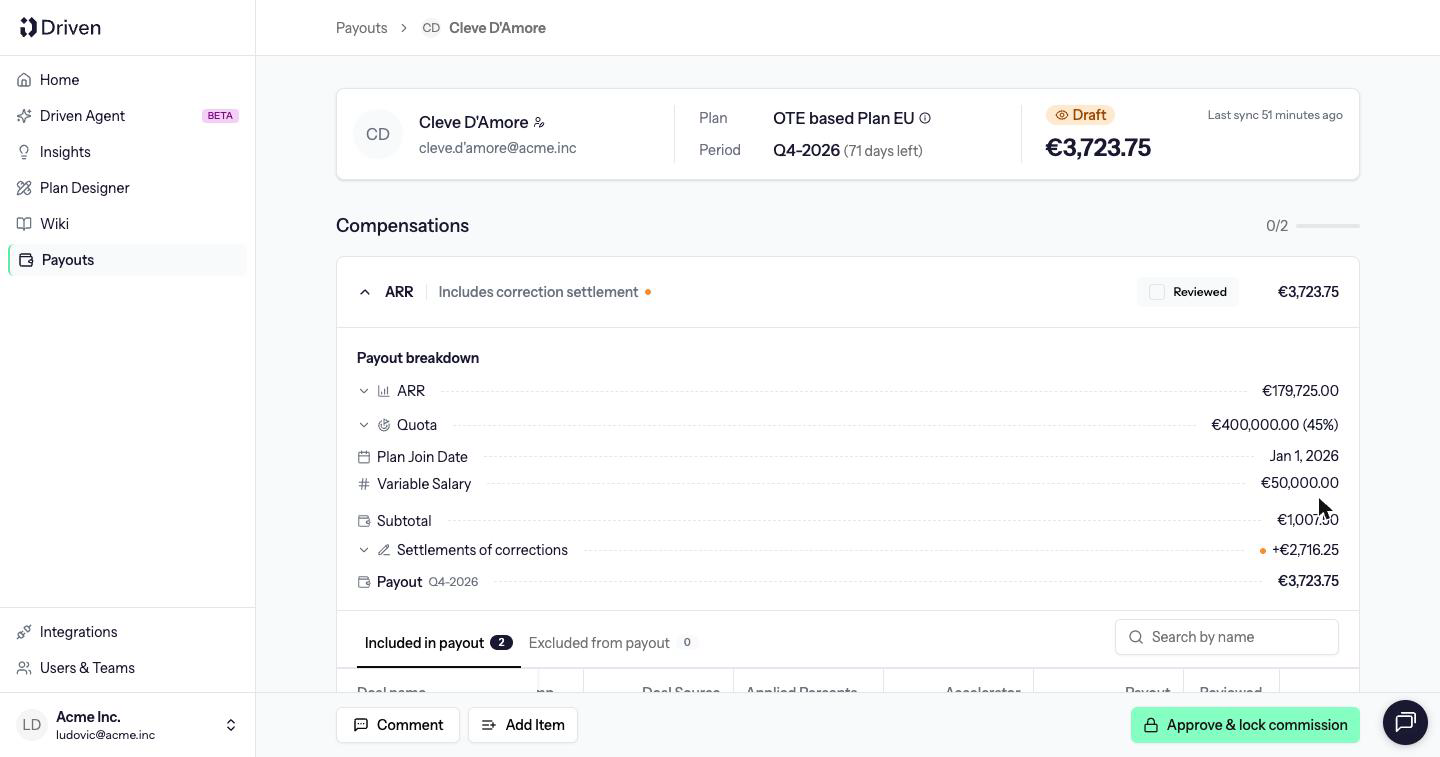Draft payout before it is locked, with Approve and lock commission