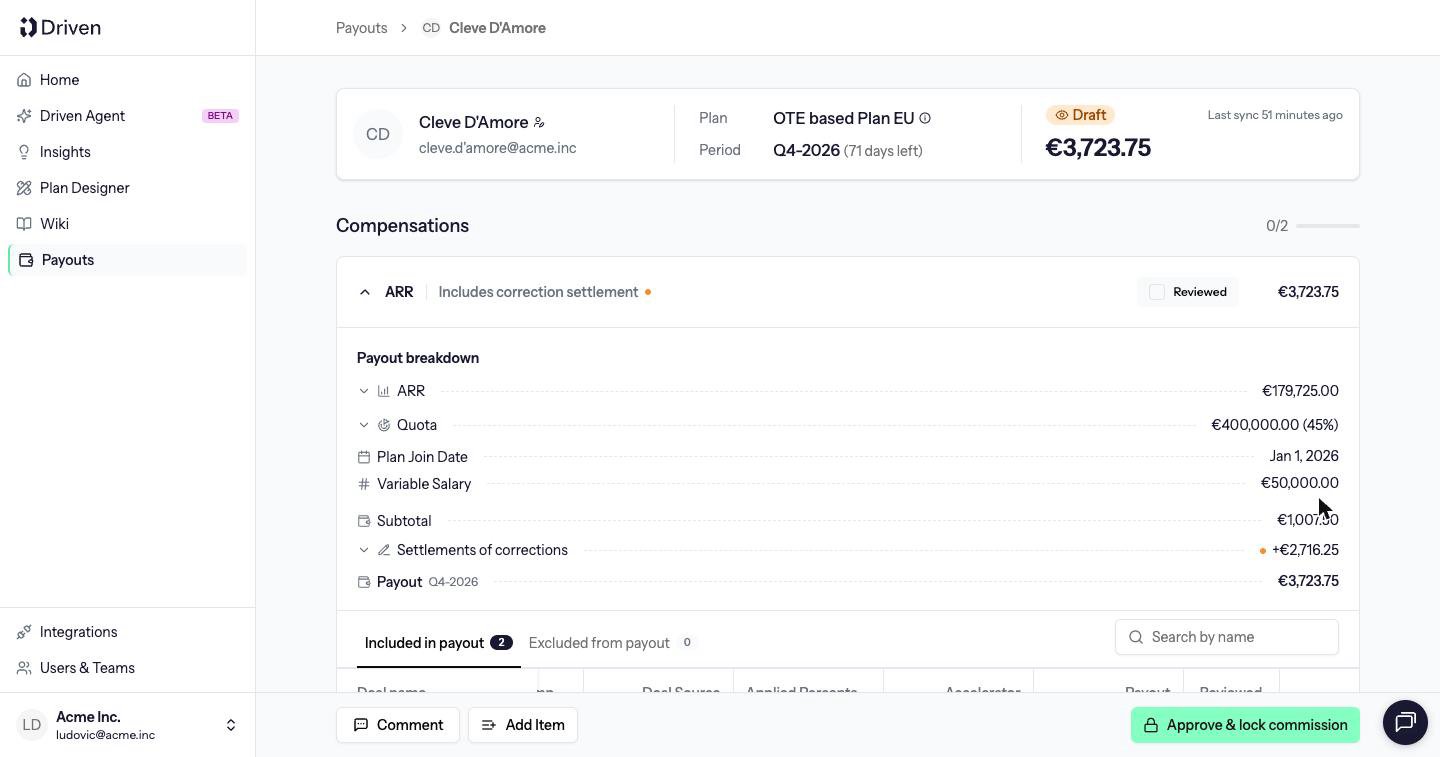 Draft payout with a Draft badge, Reviewed checkbox, Comment, Add Item and Approve and lock commission