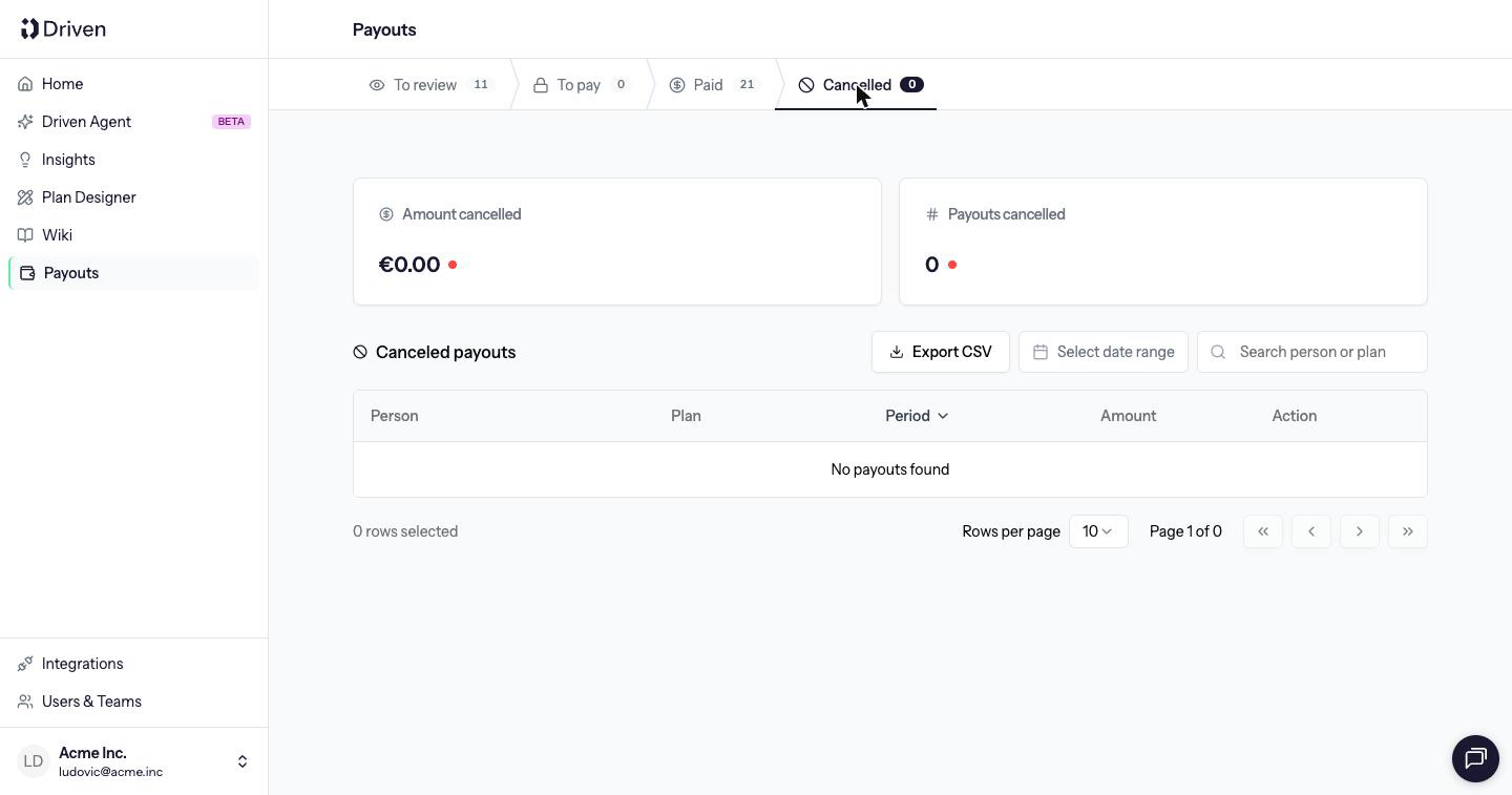 Cancelled tab in its empty state, with the message No payouts found