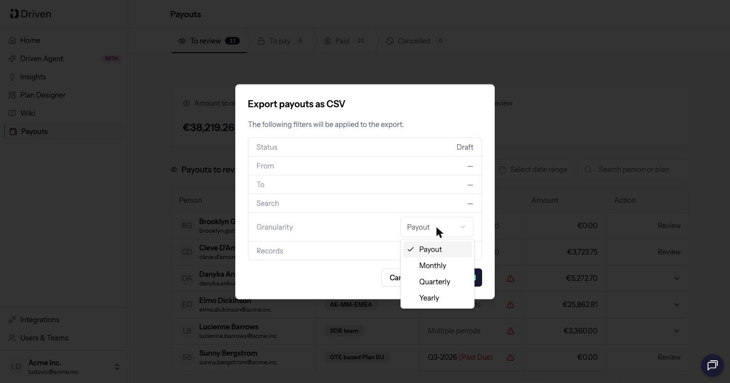 Export payouts as CSV dialog with status, dates, search, granularity and records