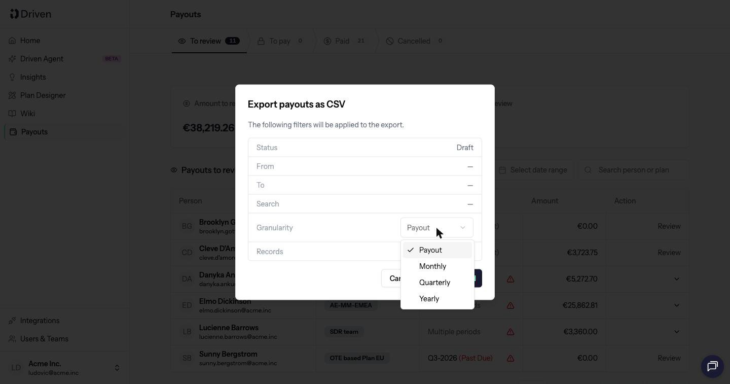 Export payouts as CSV dialog with status, dates, search, granularity and records