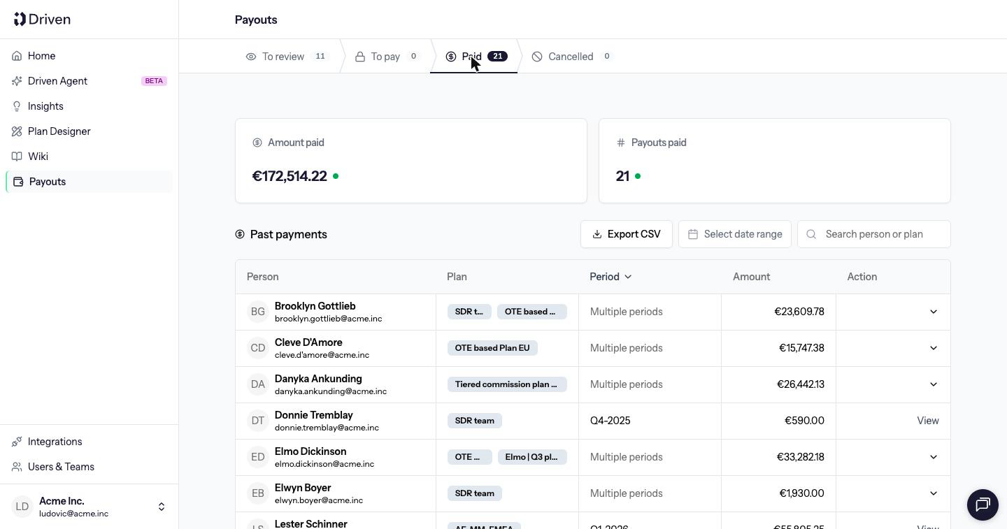 Paid tab titled Past payments, with Amount paid and Payouts paid