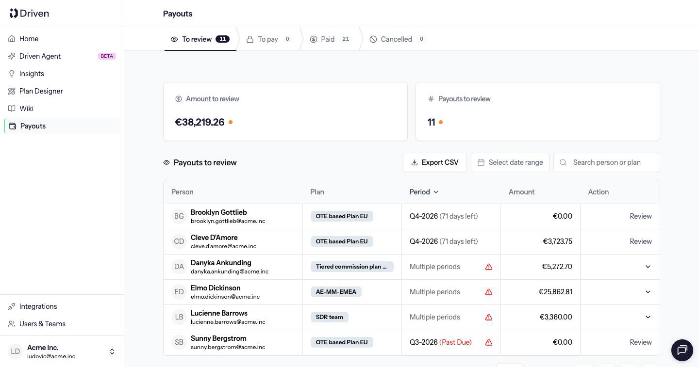 Payouts to review table with summary cards, Export CSV and Review actions