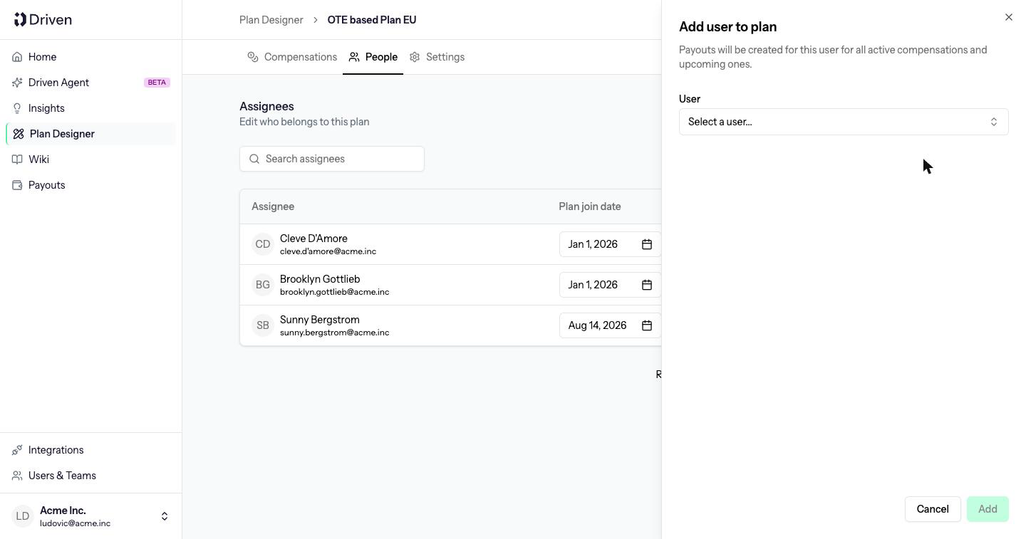 Add user to plan panel with a user selector, Cancel and Add
