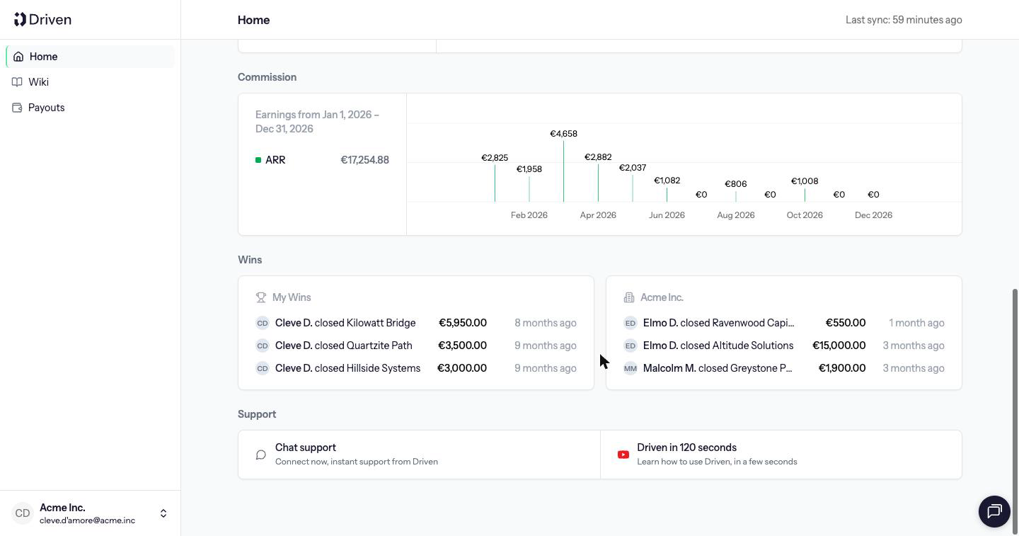 Sales rep home scrolled to the commission chart, My Wins and company wins