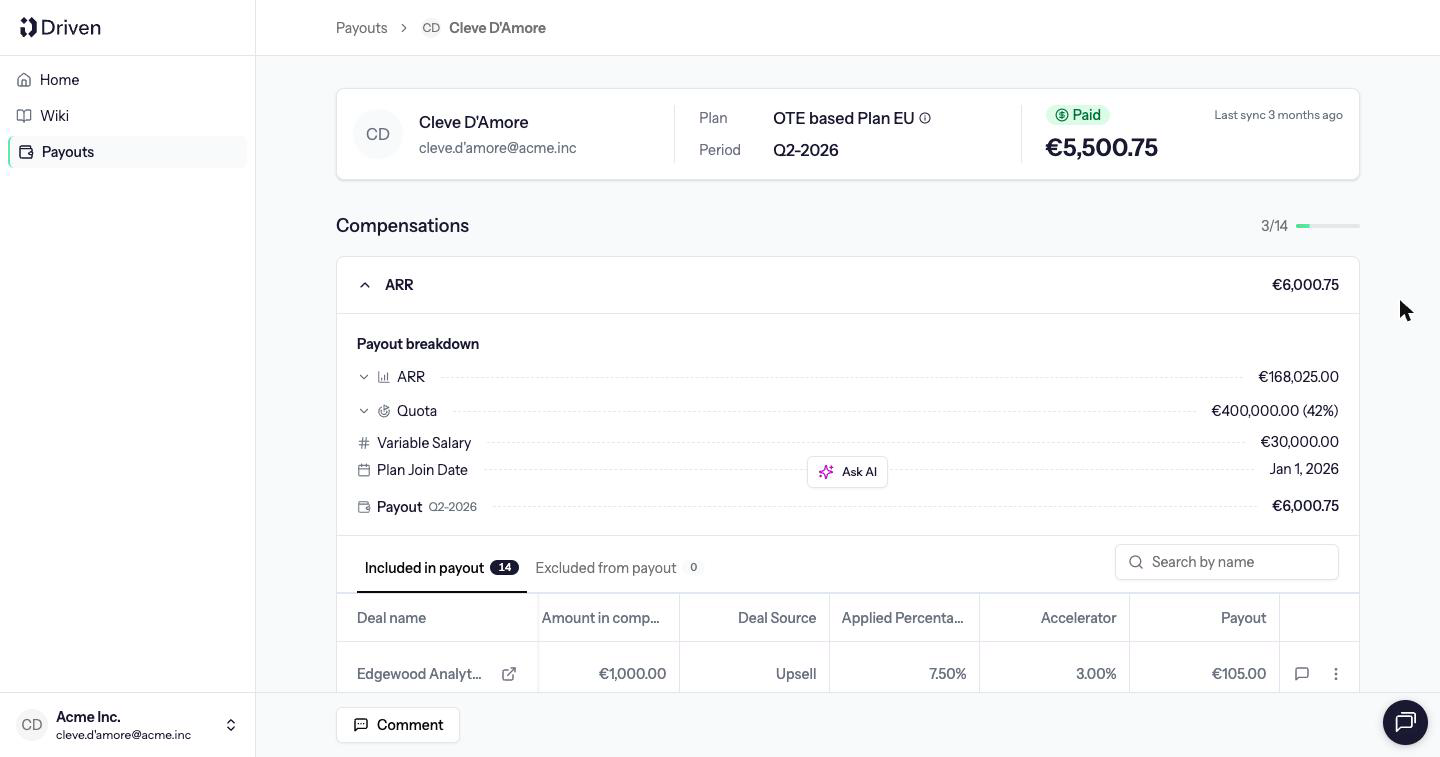 Sales rep payout detail with a Paid badge, the compensation breakdown and Comment