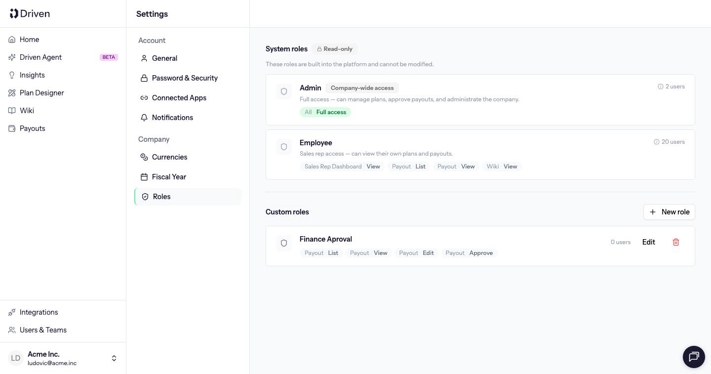 Settings Roles with read-only Admin and Employee, and a New role button