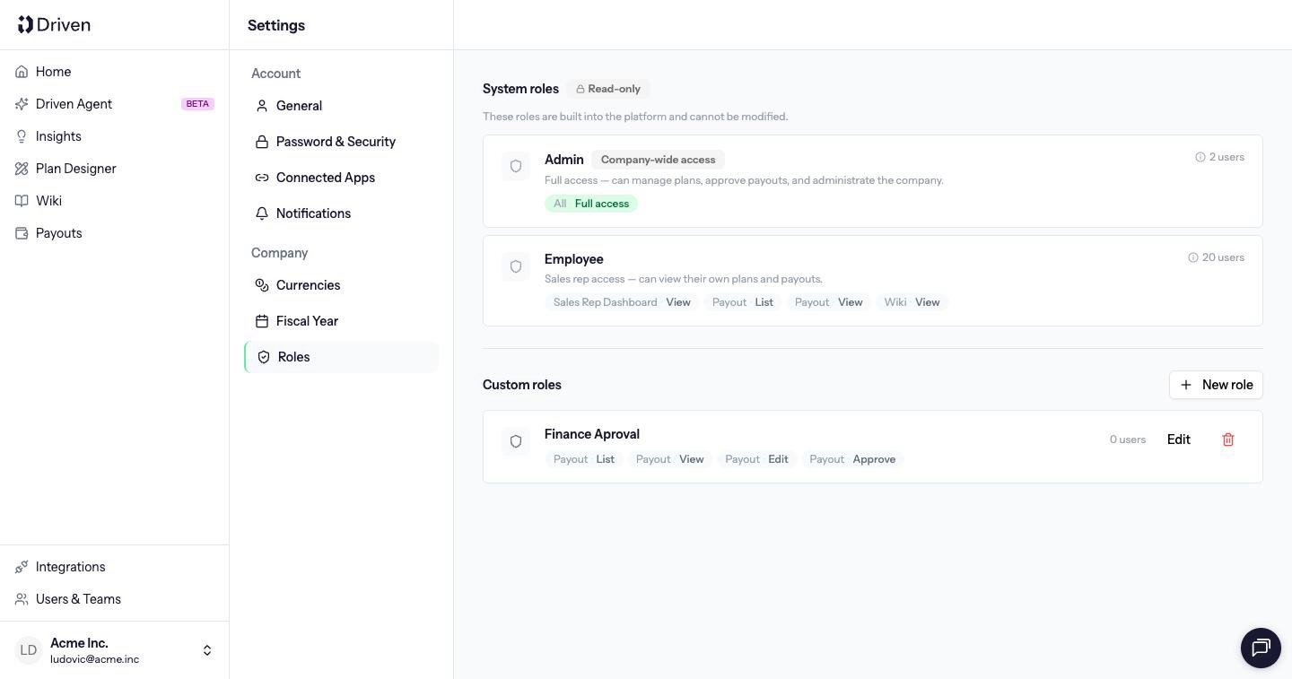 Settings Roles with read-only Admin and Employee, and a New role button