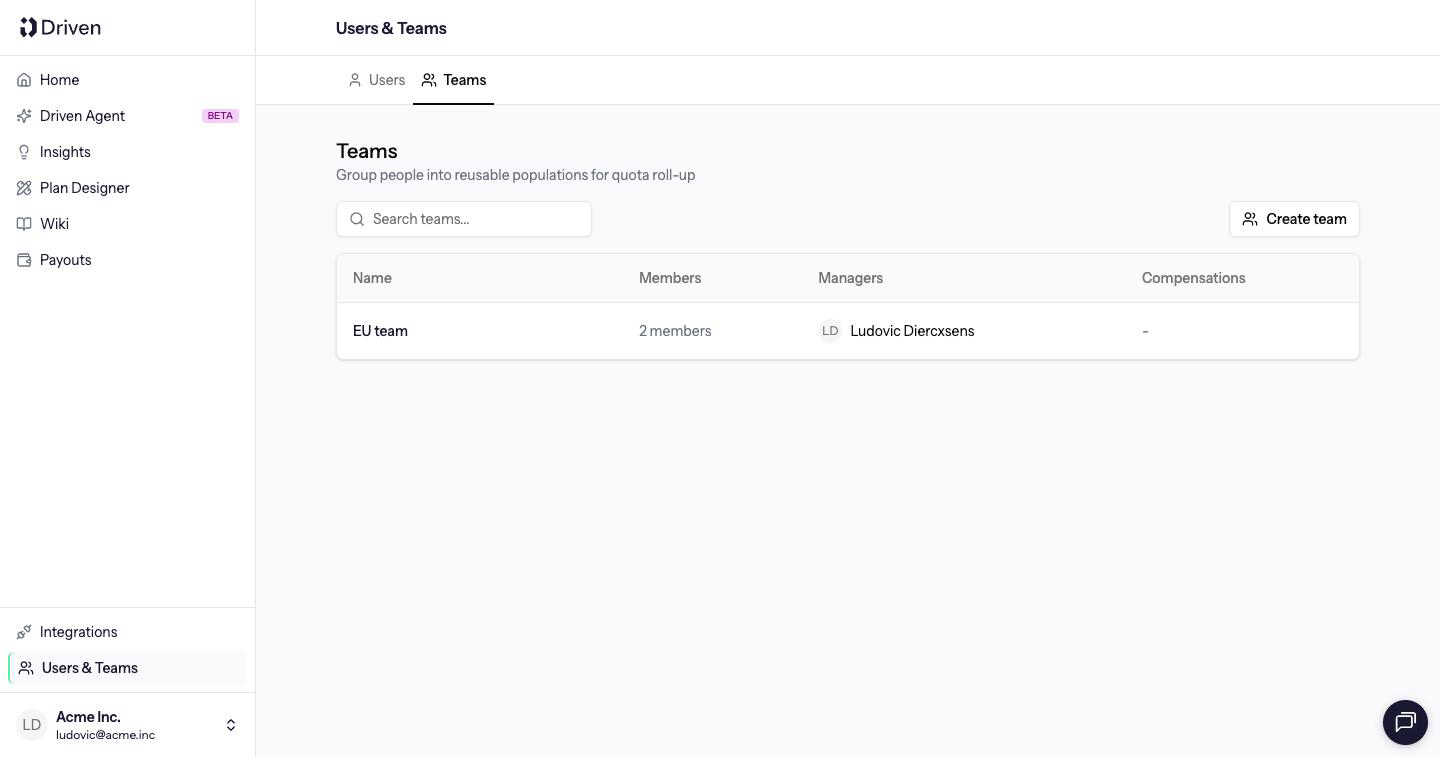 Teams tab with name, members, managers, compensations and Create team