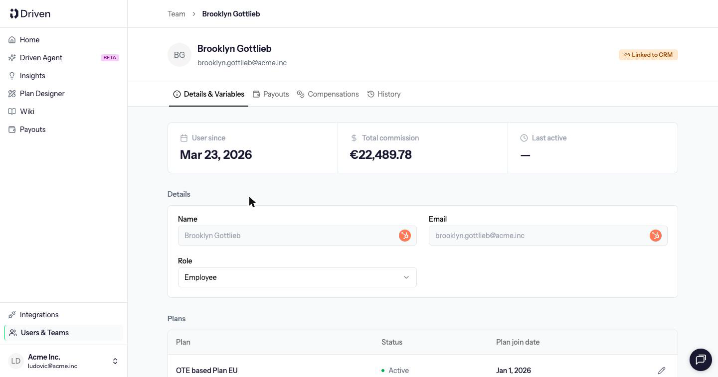 Person page with Details and Variables, a Linked to CRM badge, and the Plans table