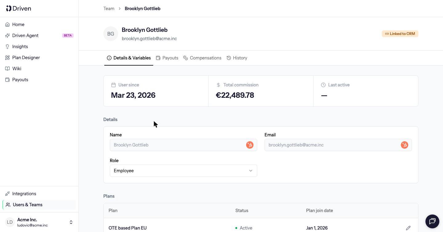 Person page with Details and Variables, a Linked to CRM badge, and the Plans table