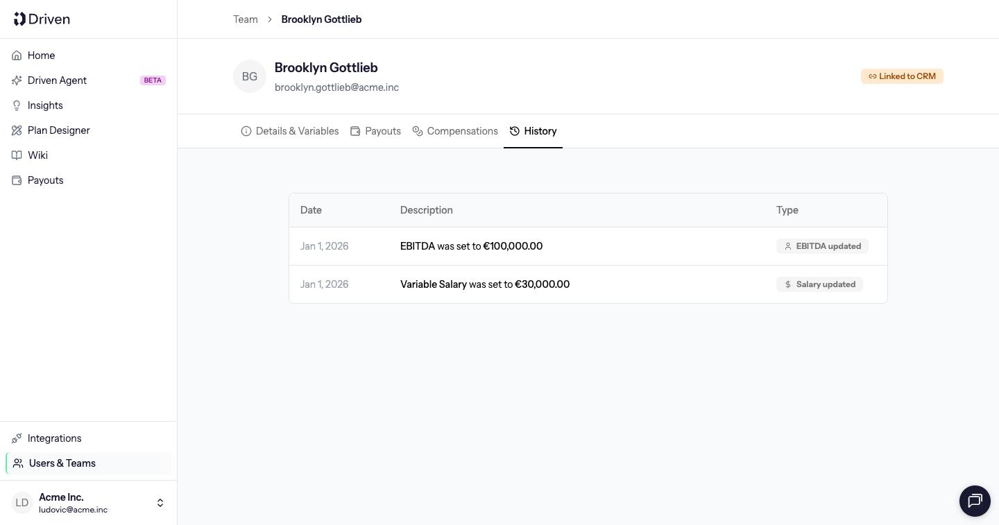 History tab listing variable changes with a date, description and type