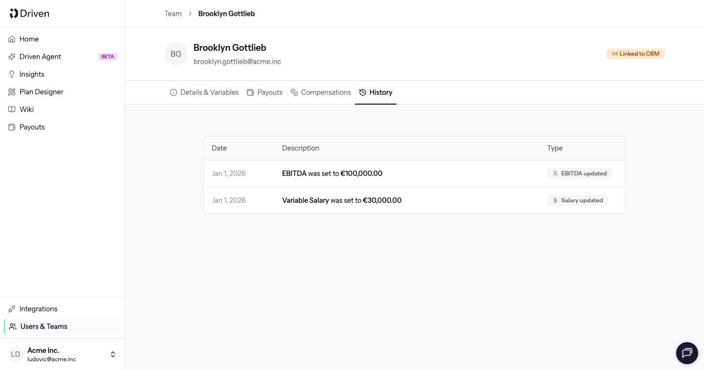 History tab listing variable changes with a date, description and type