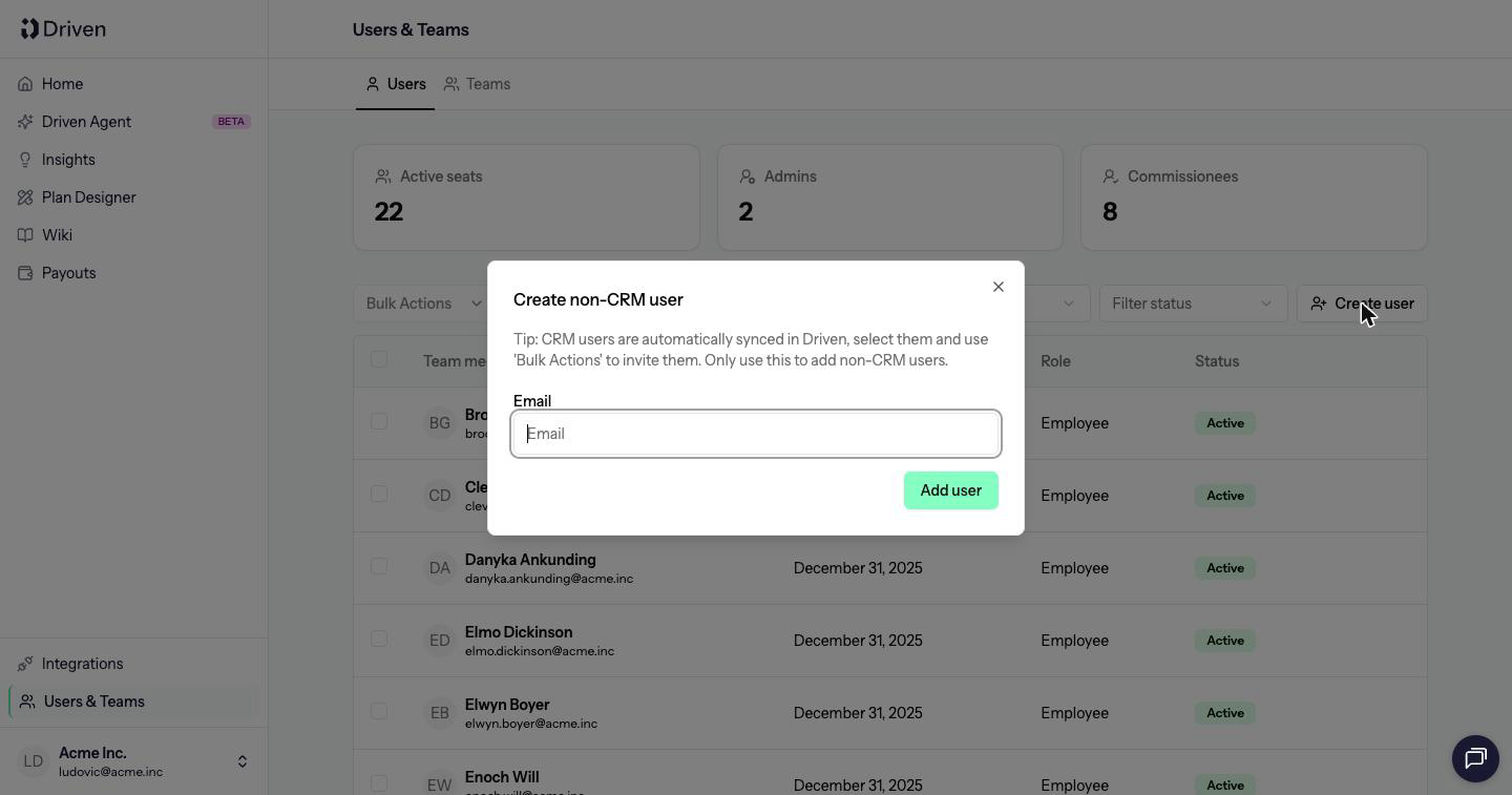 Create non-CRM user dialog with an email field and Add user