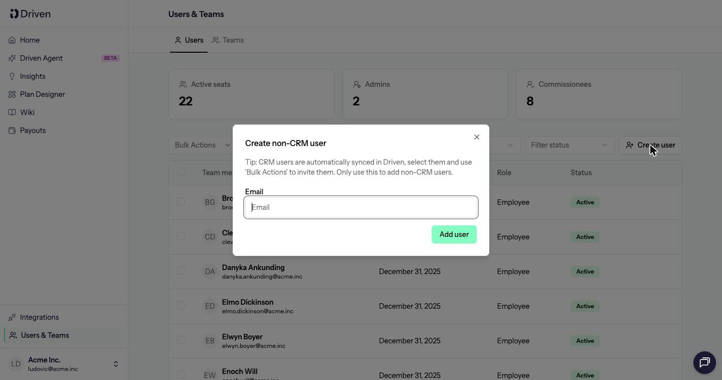 Create non-CRM user dialog with an email field and Add user