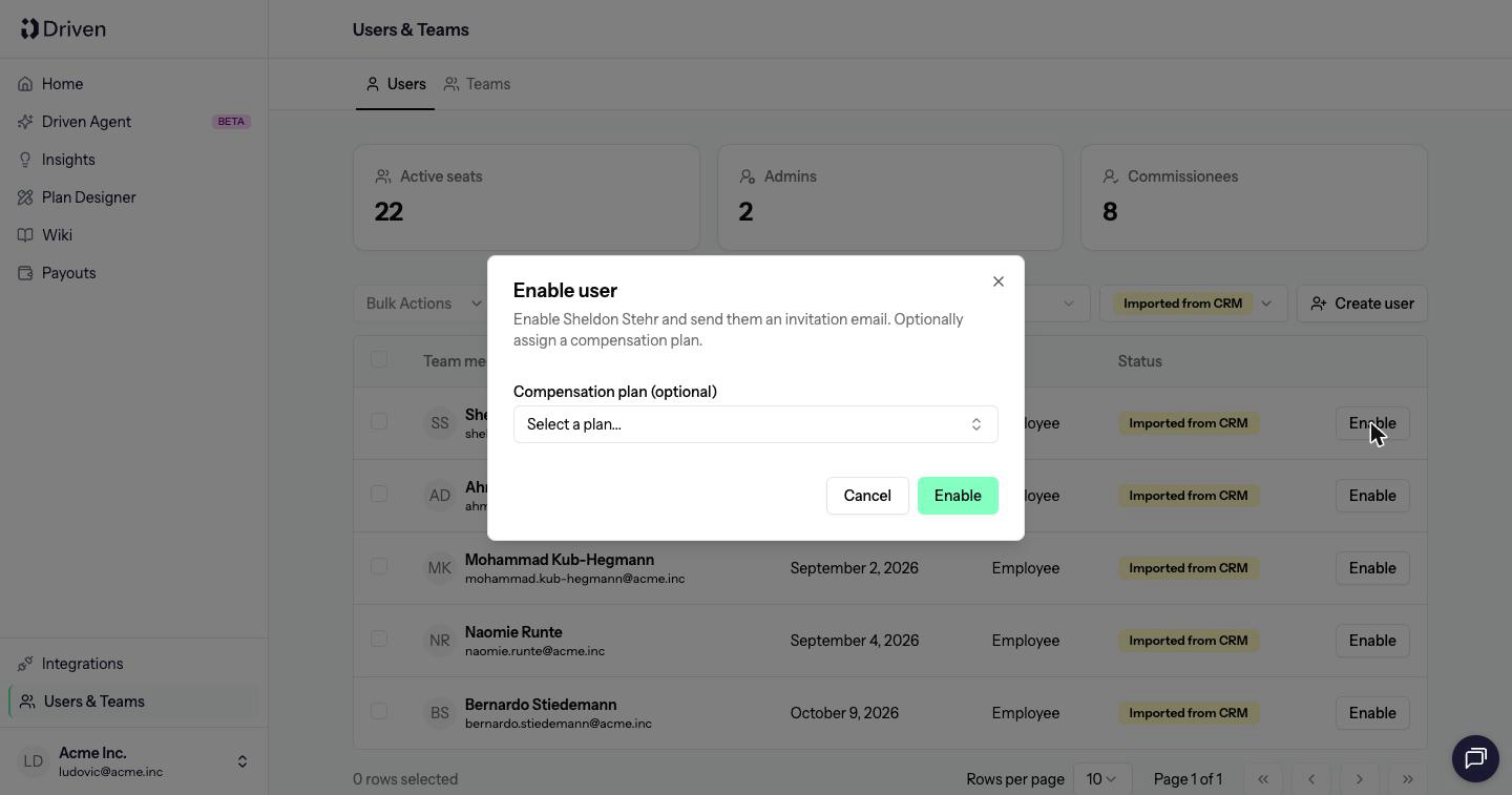 Enable user dialog with an optional compensation plan, Cancel and Enable