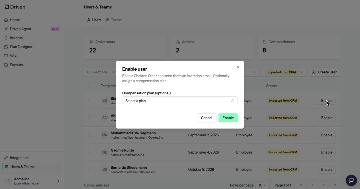 Enable user dialog with an optional compensation plan, Cancel and Enable