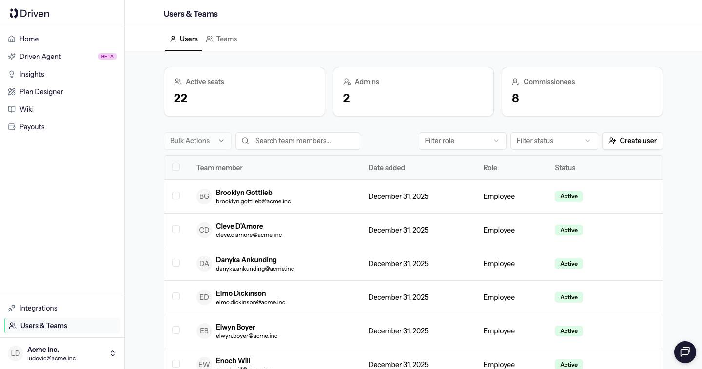 Users list with Active seats, Admins, Commissionees, role and status filters