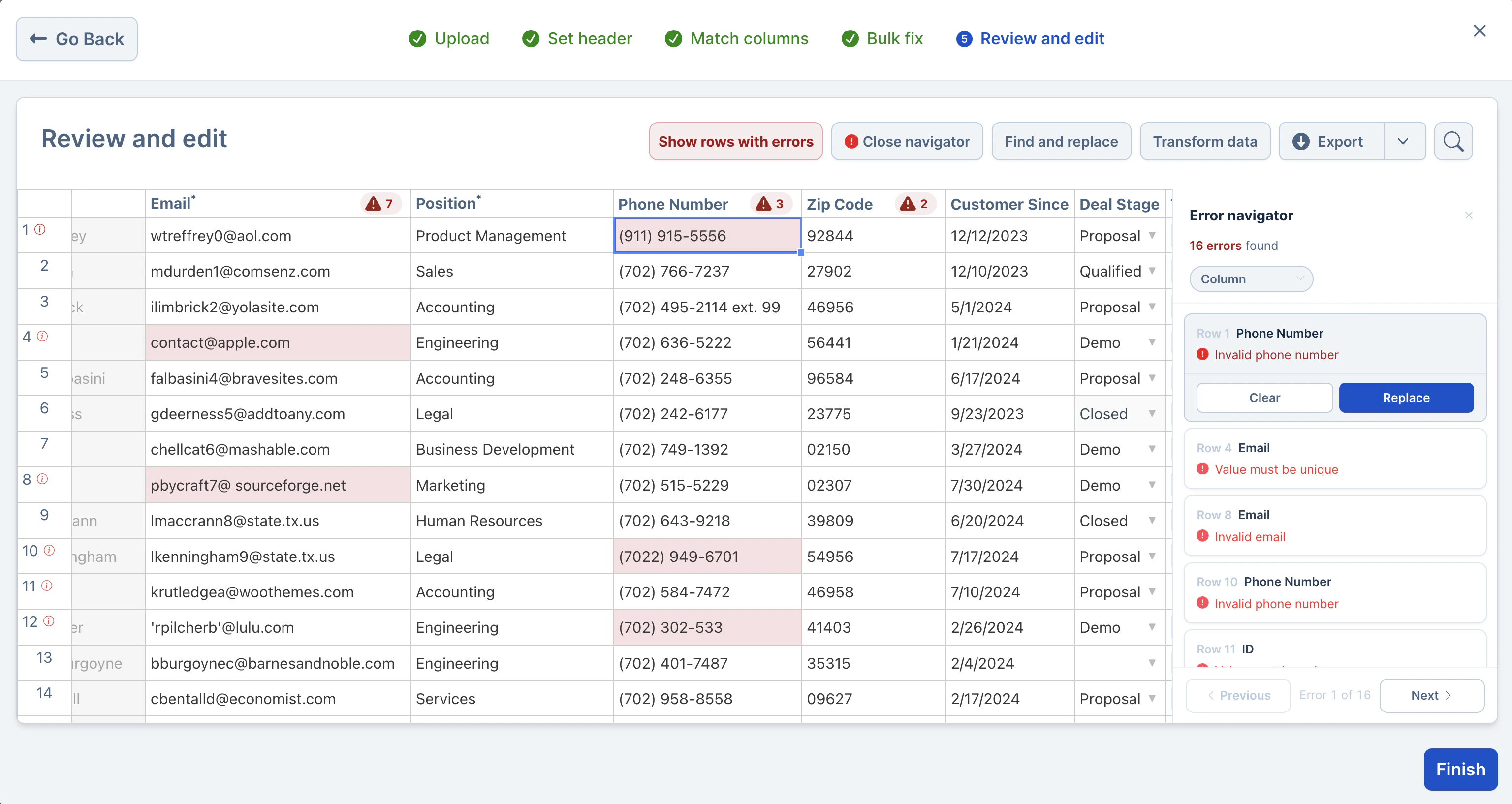 Error navigator panel showing validation errors with inline Clear and Replace actions
