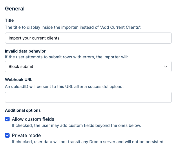 Customizing the general settings of your Dromo importer