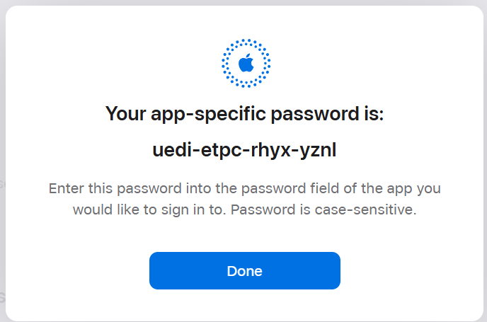 Apple generated app password screenshot