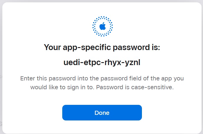 Apple generated app password screenshot