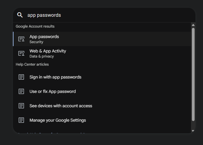 Google app passwords screenshot