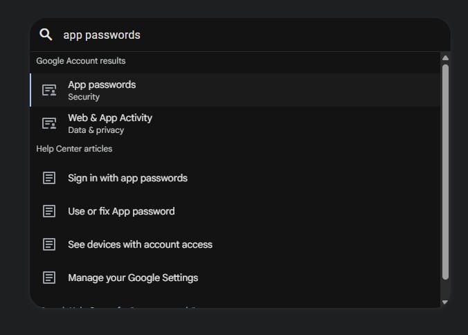 Google app passwords screenshot