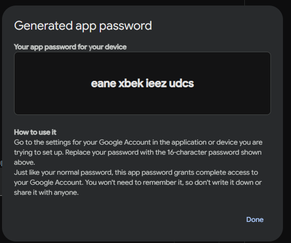 Google generated app password screenshot
