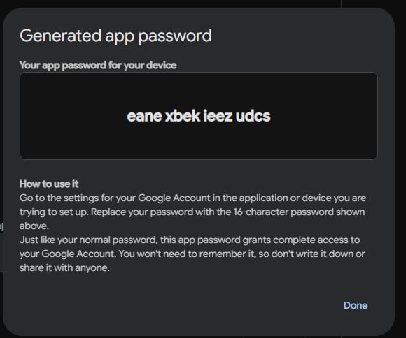 Google generated app password screenshot