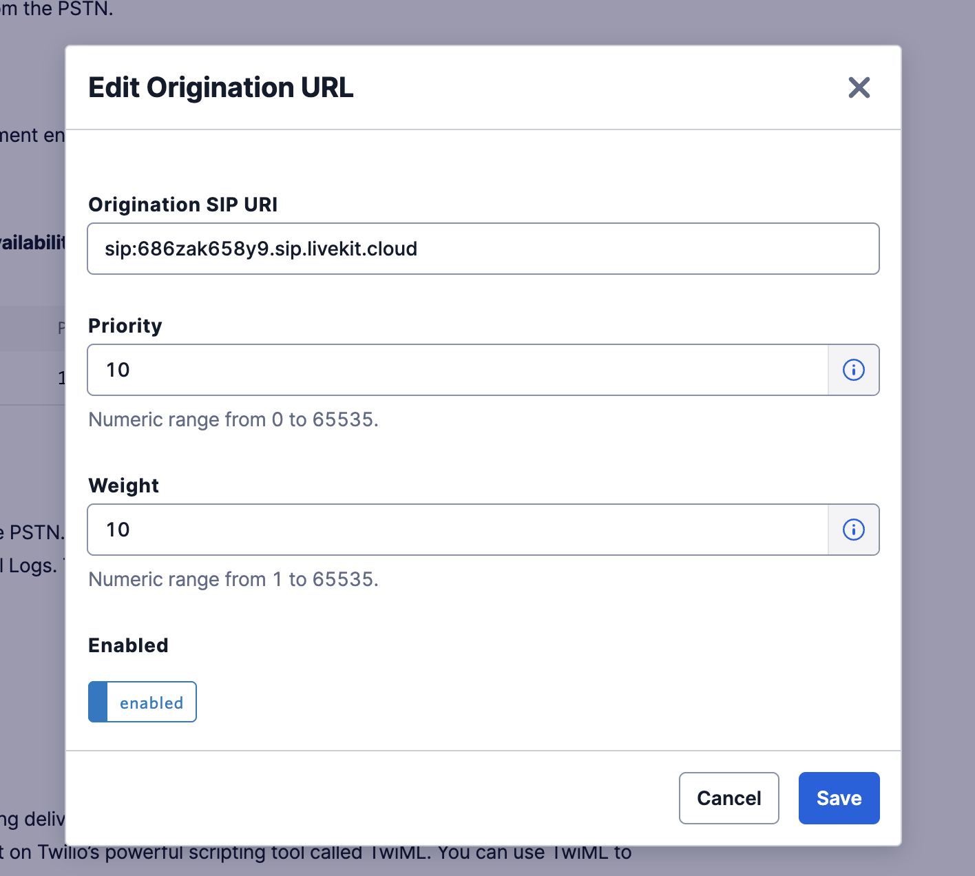 Add Origination URI Modal