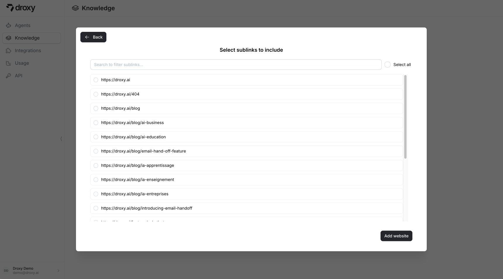 Website Sublinks Selection