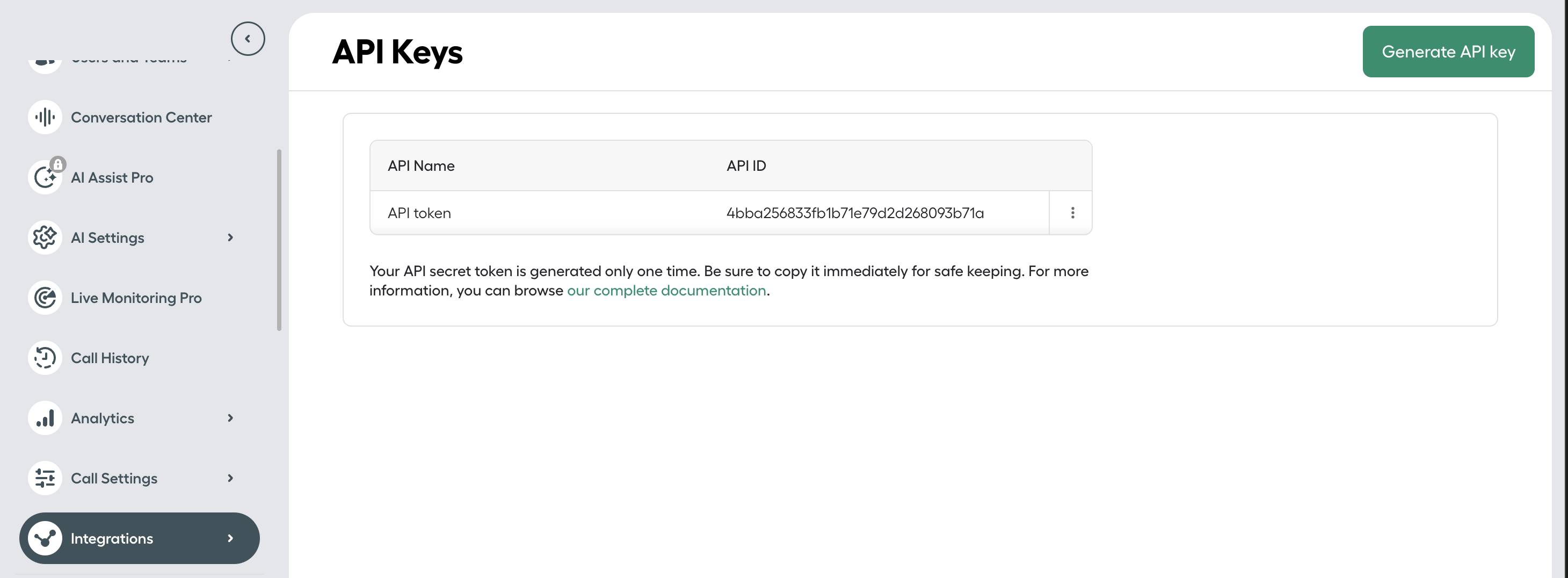 Aircall's API Keys page with the Generate API key button at the top right