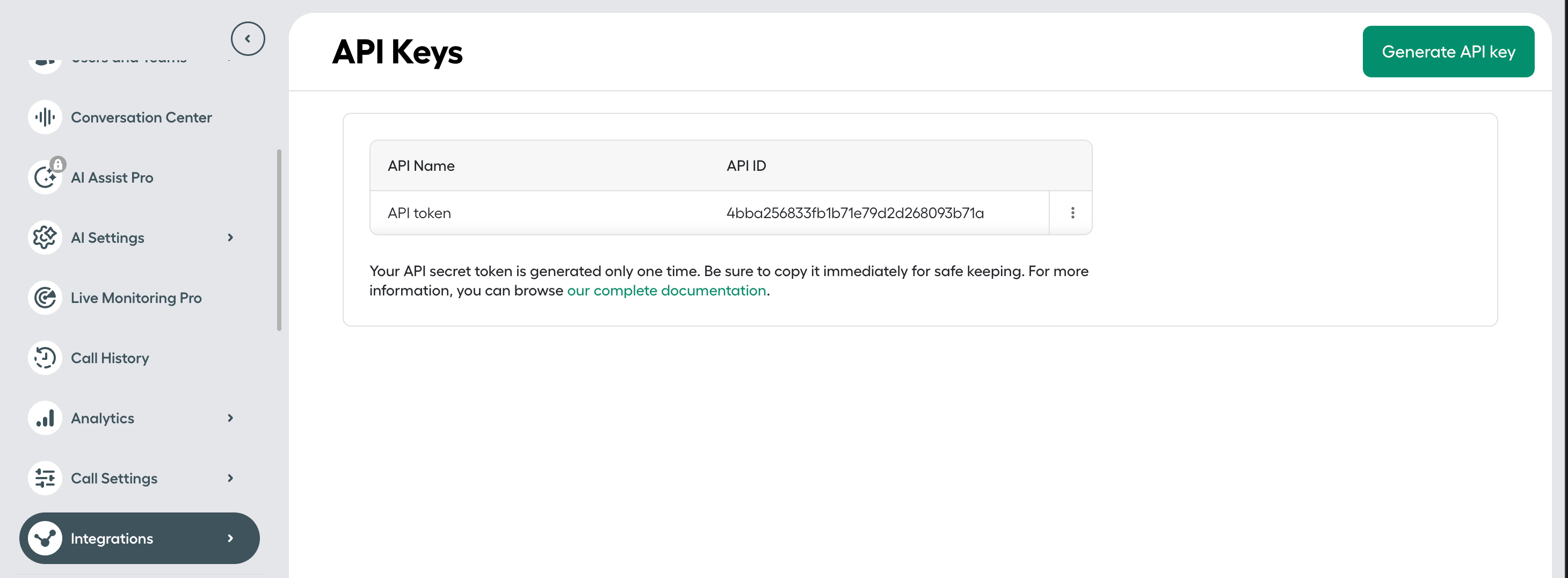 Aircall's API Keys page with the Generate API key button at the top right