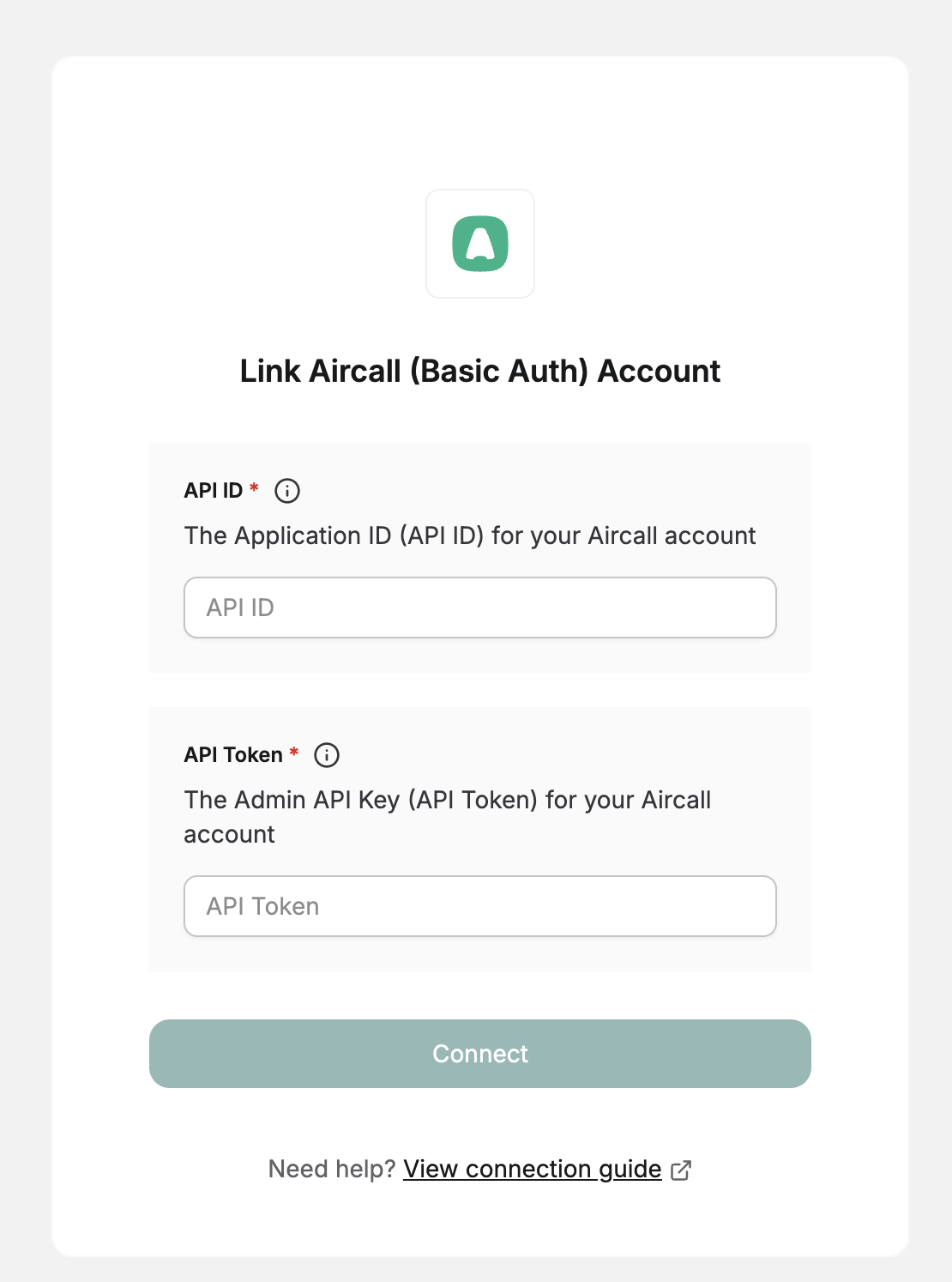 DSALTA's Link Aircall account panel with API ID and API Token fields