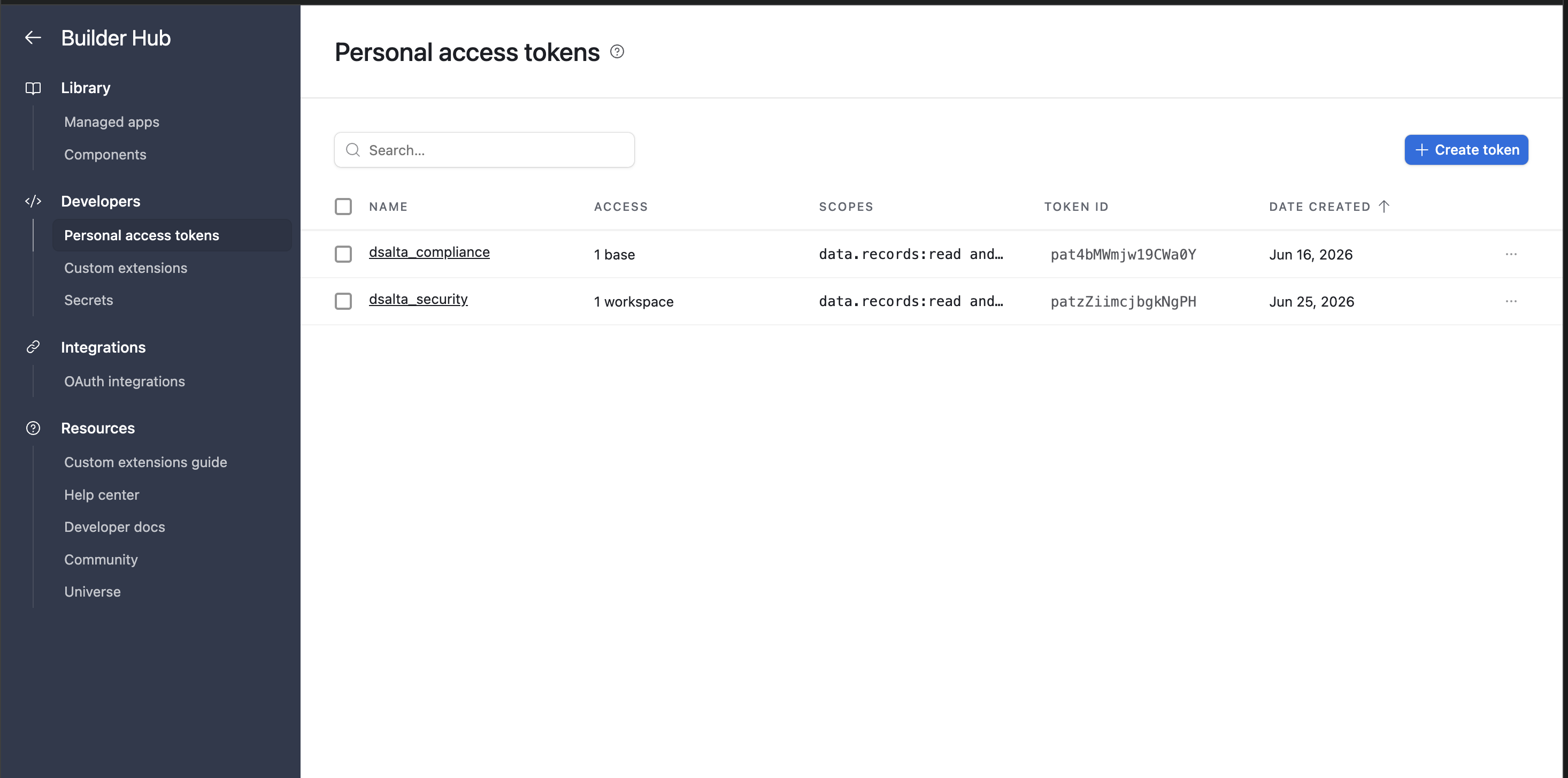 Airtable Builder Hub, Developers > Personal access tokens, with the Create token button at the top right