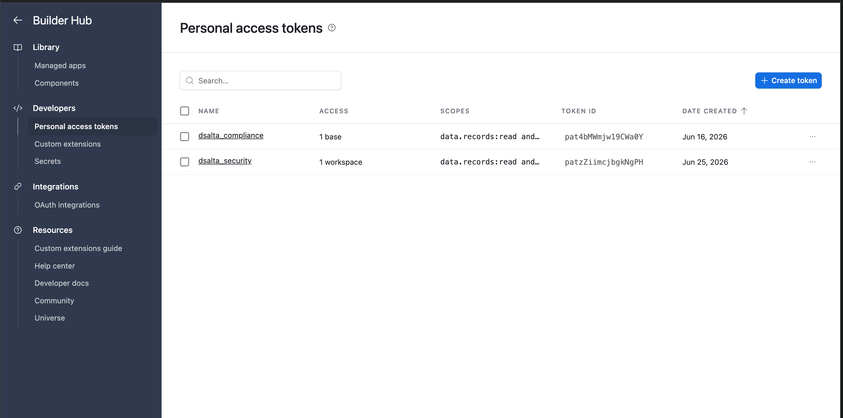 Airtable Builder Hub, Developers > Personal access tokens, with the Create token button at the top right