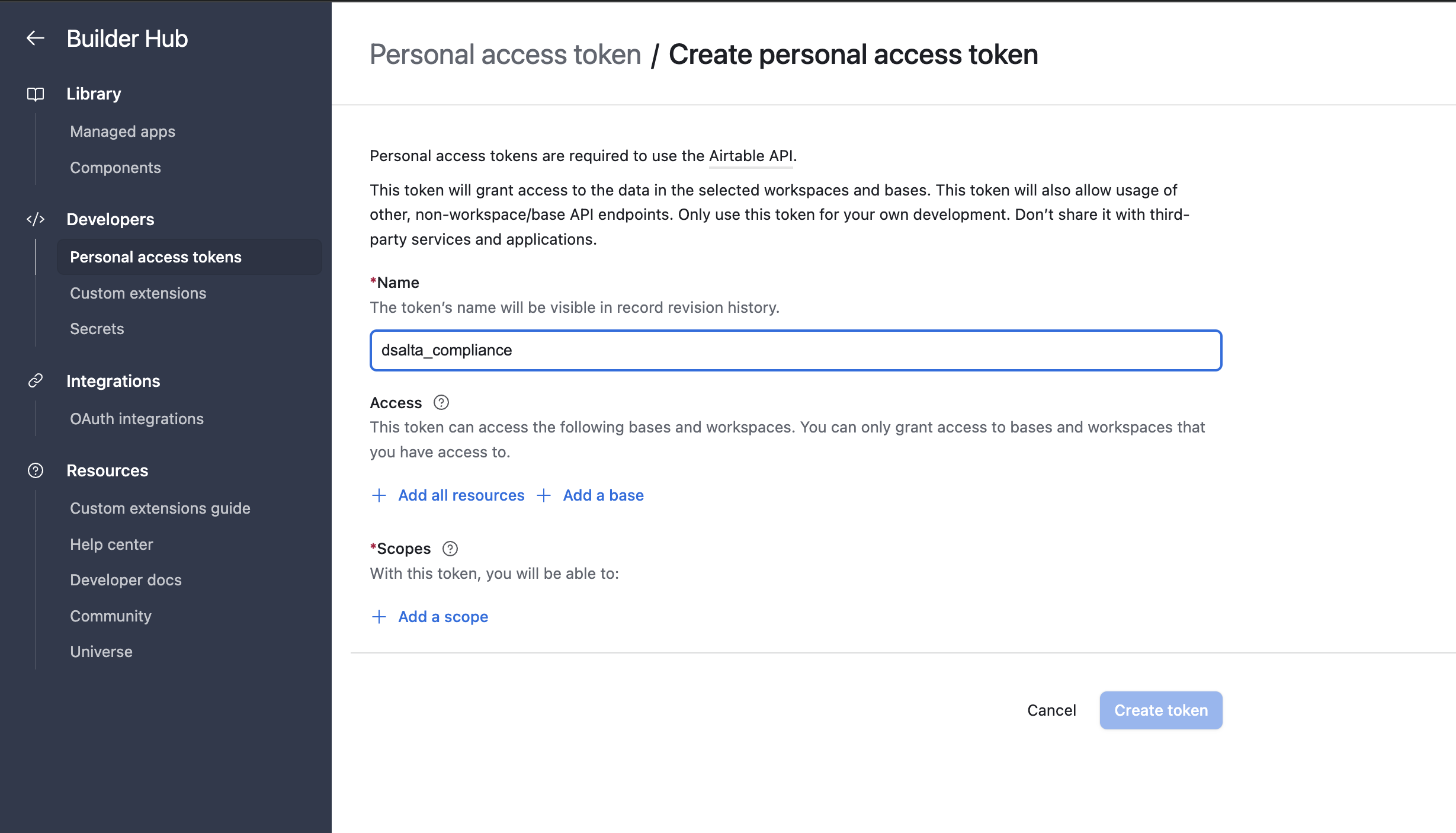 Airtable's Create personal access token form showing the Name, Access and Scopes sections