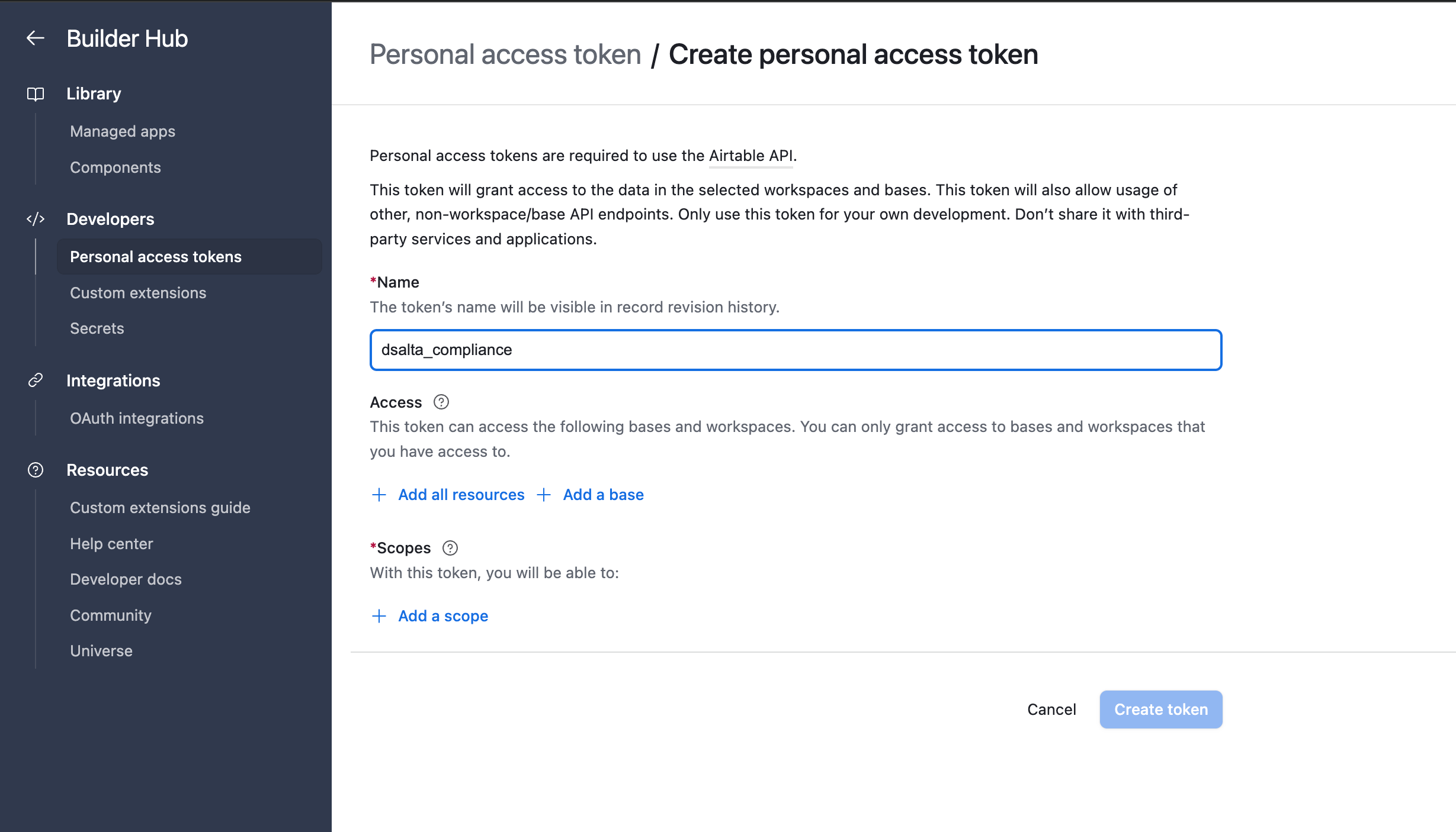 Airtable's Create personal access token form showing the Name, Access and Scopes sections