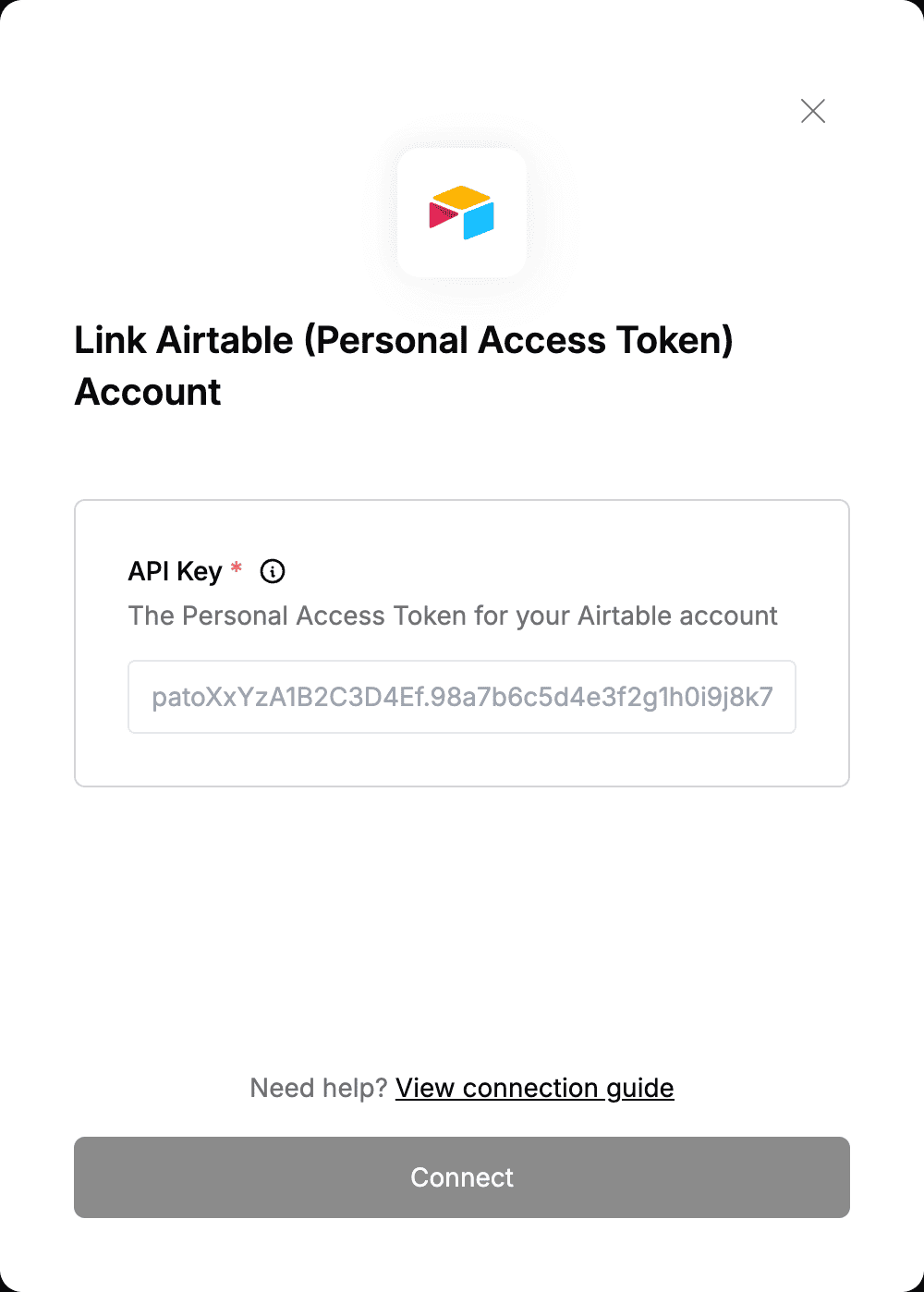 DSALTA's Link Airtable account panel with a single API Key field