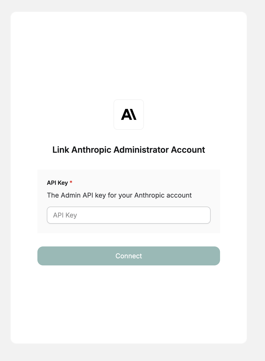 DSALTA's Link Anthropic Administrator Account panel with an API Key field labelled as the Admin API key and a Connect button