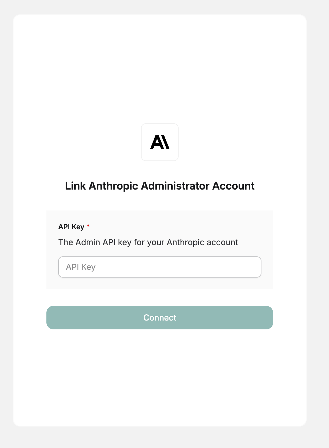 DSALTA's Link Anthropic Administrator Account panel with an API Key field labelled as the Admin API key and a Connect button