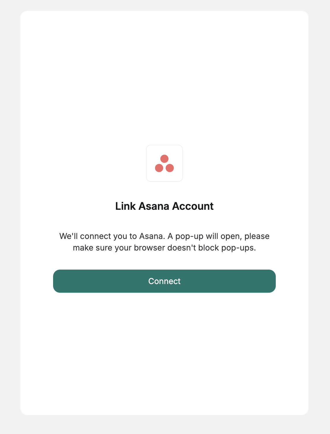 DSALTA's Link Asana account panel warning that a pop-up will open
