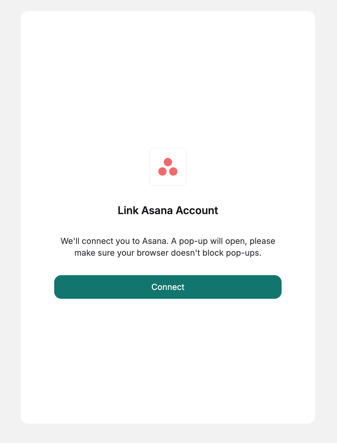 DSALTA's Link Asana account panel warning that a pop-up will open