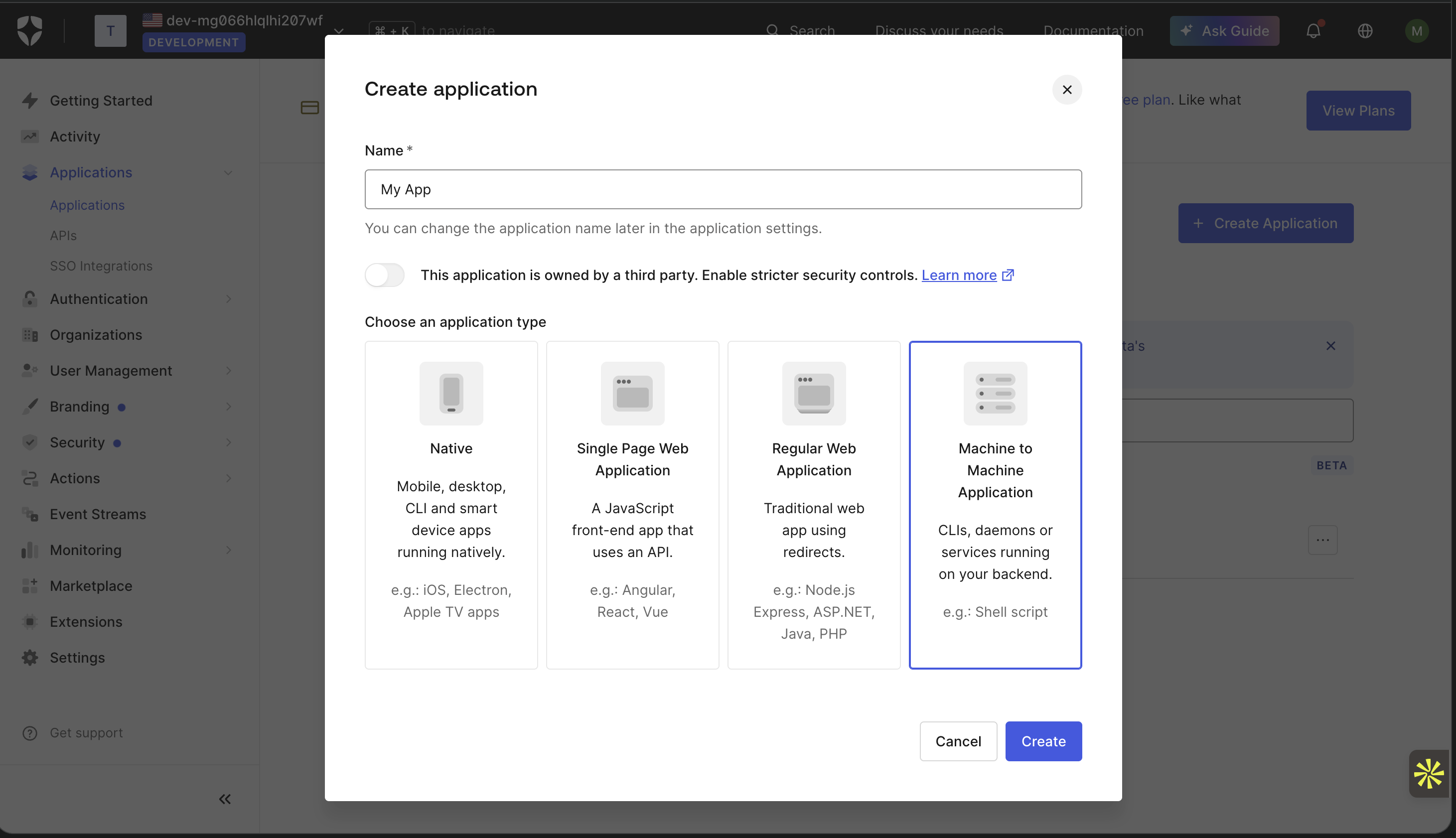 Auth0 Dashboard's Create application dialog with the Name field filled in and the Machine to Machine Application type selected